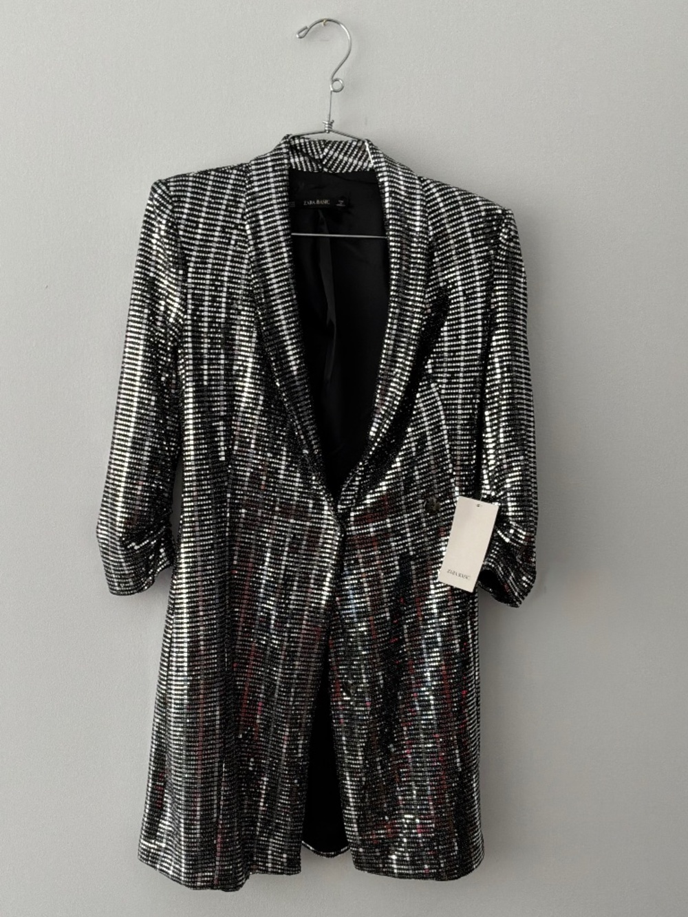 ZARA Silver Metallic Mirror Sequin Longline Blazer Tuxedo NWT - size XS